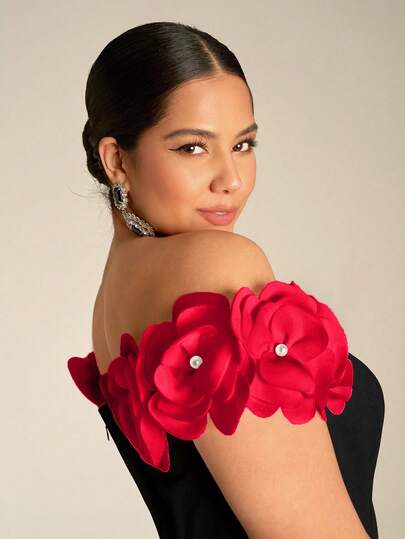 Fuaheng Robe de soirée ajustée Fuaheng avec épaules dénudées, manches à volants, taille marquée et fente, noire, élégante, robe pour invitée de mariage, robe de bal, vêtements scolaires