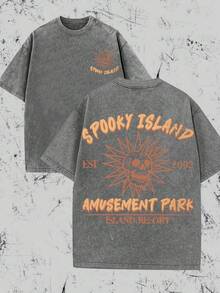 Ghost Island Weird Amusement Park, Skull 'SPOOKY Island, Retro Vintage T-Shirt, Amusement Park, 2002 Historical Vintage, Dark Fun Style T-Shirt, 100% Cotton T-Shirt.....Classic Regular Short Sleeved, Fashionable And Cool Design, High-Quality Printing, Fashionable  T-Shirt, Women's Pattern T-Shirt, Fun Pattern T-Shirt, Men's Pattern T-Shirt, Casual Loose T-Shirt, 100% Cotton T-Shirt, Soft, Breathable And Comfortable, Washable T-Shirt, Casual Street Style T-Shirt, Suitable For All Seasons, Very Suitable For Casual Wear And Street Style. They Are Excellent Gifts For Family And Friends. - 灰色 - 查看 11