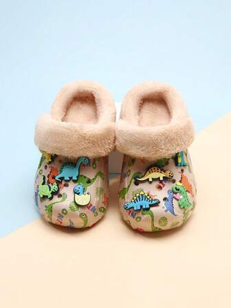 1 Pair Kids Cartoon Dinosaur Thermal Lined Breathable Anti-Slip Slippers, Comfortable Indoor/Outdoor Wear, Autumn/Winter