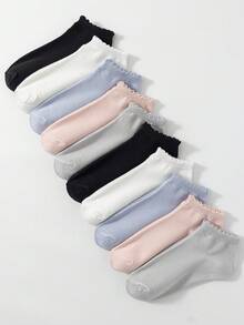 10pairs Solid Color Lace Trim Simple & Versatile Mori Style Breathable & Odor Resistant Women's Ankle Socks