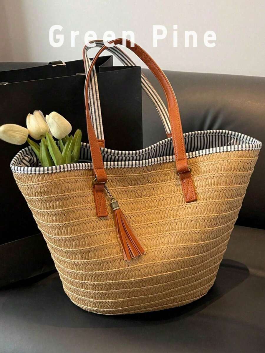 1 Miếng Màu Khaki Dung lượng lớn Dệt Xô nước Cái túi Đối với phụ nữ , Giải trí Túi tote Đối với Hằng ngày Commute , Du lịch , bờ biển Và Kỳ nghỉ