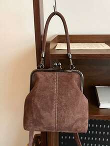 1个复古仿皮斜挎包，女士复古风吻锁迷你手提包，配有可调节肩带，纯色轻便都市手提包，涤纶衬里，男女通用 - 咖啡棕 - 查看 12