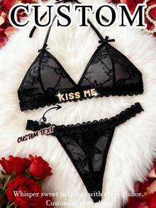 1pc Women's Custom Text Feature Black Lace Material Functional Customizable Allure Style Lingerie Set Suitable For Romantic Occasions/Valentine's Day - Multicolor - View 1