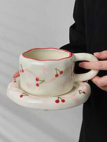 1 set Taza y platillo de cerámica pintados a mano de manera adorable - Diseños de corazón, cereza y floral para café, té, decoración del hogar y regalos