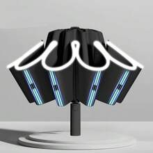 1 Count 10 Ribs Automatic Folding Umbrella - Windproof Waterproof Reflective Strip Compact - Black - View 2