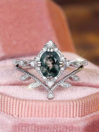 1 pieza Anillo de mujer de moda con hoja de ágata sintética de seaweed de lujo, rombo y circonita cúbica, regalo para fiesta/cumpleaños/compromiso/boda, uso diario