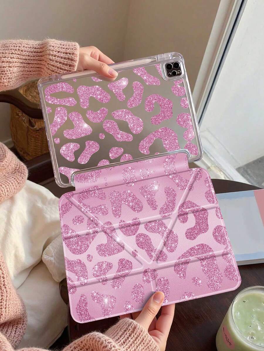 豹纹/猎豹纹亮粉色双面亚克力透明水晶平板电脑保护套。兼容 iPad 11 (2025/10.9)/Air 4/5/6/7 (2025/10.2)/Pro 11/10/9.7/10.5 和 Galaxy Tab。具备睡眠/唤醒功能和多角度可折叠支架。时尚简约的豹纹图案是日常平板电脑保护的理想之选，也是一份精美的礼物。