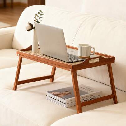 Wood Bed Tray Table With Folding Legs & Handles Portable Laptop Desk And Breakfast Tray For Bed Sofa Multi-Use Snack Work Station 19.7x11.8 Brown