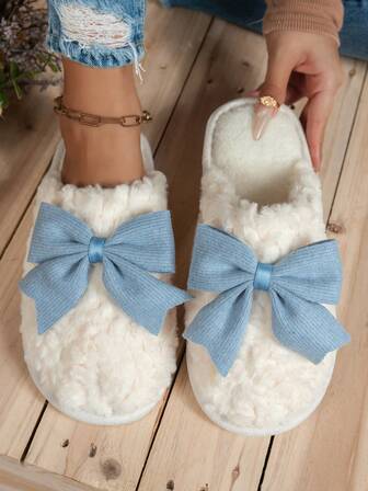 Women's Faux Fur Slippers With Bow, Popular Cross-Border Slippers