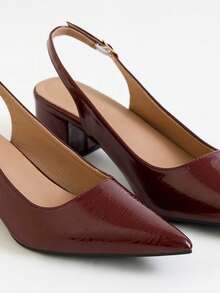 女士简约软皮后带低跟鞋，舒适尖头优雅黑色高跟凉鞋，适合春夏穿着，酒红色鞋跟，粗跟 - 酒紅色 - 查看 5