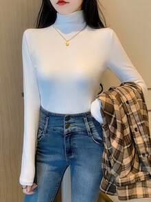 270g Autumn/Winter Thermal Turtleneck Long Sleeve Base Layer, Warm, Slimming, Solid Color, White, Versatile - White - View 2