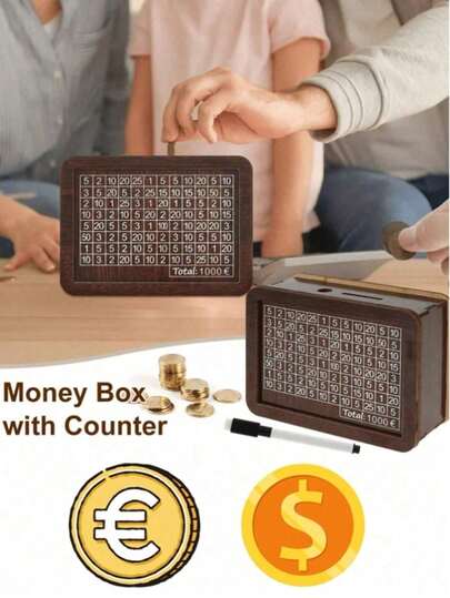 Reusable Wooden Savings Box With Marker | 3 Sizes, Fun Design For Kids To Learn Money Management | All-In-One Educational Gift Set