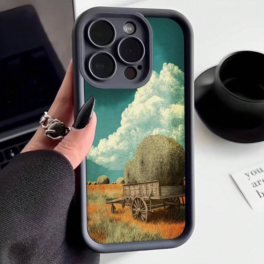 Cubierta de teléfono con borde negro diseño de campo con carreta y heno paisaje rural para uso diario - Burdeos - Ver 1