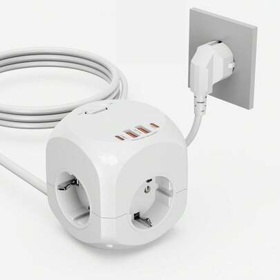 8-In-1 EU Multifunctional Power Strip, 4000W Overload Protection Compact Cube Portable 1.8M Extension Cord With 2 USB-A & 2 USB-C Charging Ports, Suitable For 250V Household Appliances