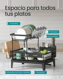 SONGMICS Escurreplatos, Escurridor para Encimera de Cocina de 2 Niveles, Giratorio 360° y Extensible, con Soporte para Cubiertos, 31 x 42 x 36,5 cm, Negro Tinta - Negro - Ver 2