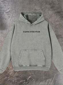 Men's Fashionable Autumn Washed Distressed Pocket Hoodie, Men's Vintage Washed Hooded Sweatshirt With Faith Over Fear Back Print - Y2K Streetwear Oversized Pullover, Pink & White Retro Lettering, Hip-Hop Campus Style, Loose Fit Casual Sweater For Men, All-Season Comfort, Machine Washable, Cordless Design With Front Pocket, Double-Sided Print, Relaxed Fit For Parties & Casual Attire, Sweatshirt For Men, Hoodie, Plus Size Hoodies For Men, Hoodie Jacket For Men, Thick Hoodies For Men - Street Fashion Outerwear - 灰色 - 查看 2