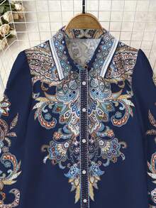 Damska sukienka wakacyjna w stylu boho z kołnierzykiem koszulowym i nadrukiem, elegancka odzież damska, odzież festiwalowa, bluzka z długim rękawem i kołnierzykiem typu "turndown"