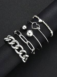 5 件复古硬币、链条、串珠、心形手链和手镯套装，时尚夸张简约设计，适合约会、度假、日常穿着、派对、女士节日礼物 - 銀色 - 查看 3