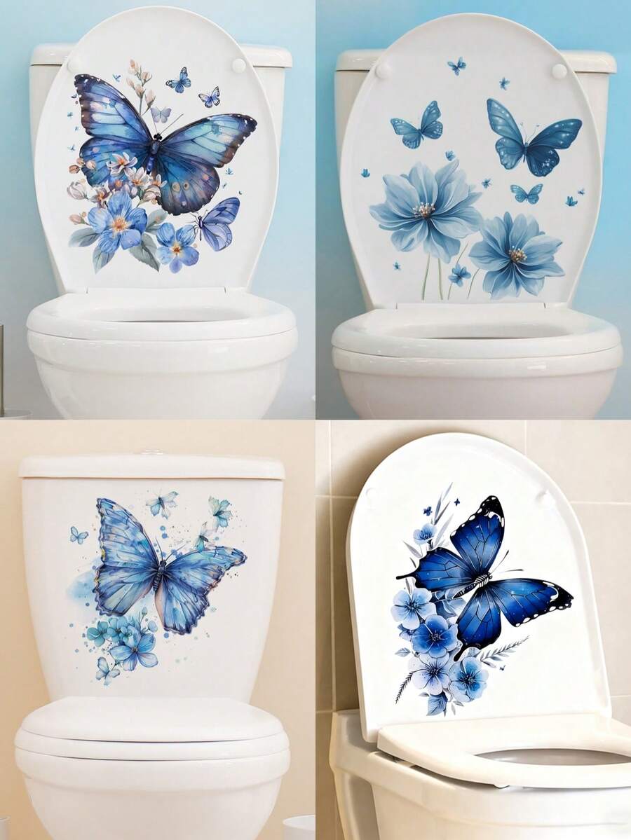 Adesivos de Borboleta Azul e Flor para Vaso Sanitário, Decalques de ...