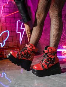 Women's Chunky Heel Riding Boots, Gothic Punk Style, Thick Sole Short Ankle Boots, Boots - Red - View 5