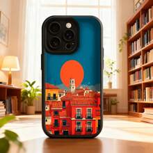 Fundas de teléfono transparentes y modernas,Carcasa para telefono con diseño de ciudad mediterránea color azul y naranja con estampado de edificios rojos y sol anaranjado ideal para uso diario y viajes Aplicable a teléfonos Apple y Galaxy - Burdeos - Ver 5