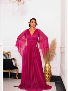 Luxury Long Dress With Flowing Sleeves And Deep Neckline – Timeless Elegance And Sparkle For Parties* - 玫瑰紅 - 查看 7