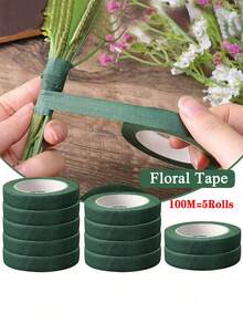 100m/5 Rolls Garden Floral Tape, Green Stem Wrap Tape For Bouquet, Floral Shop DIY Craft Decoration, Suitable For Valentine's Day, Mother's Day, Easter, Halloween, Christmas