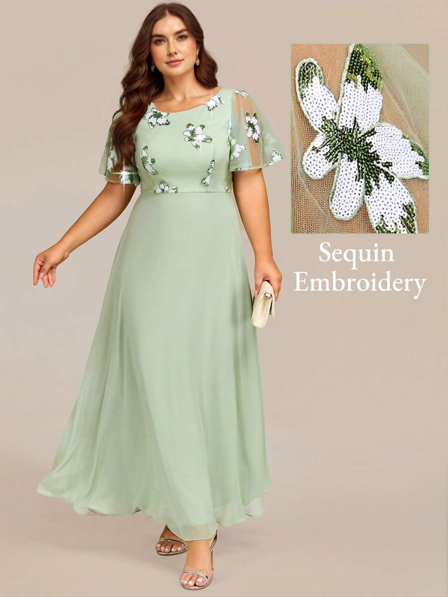 EVERPRETTY Elegant Round Neck Floral Summer Formal Dress, Suitable For Mother Of The Bride; Green Bridesmaid Dress Party