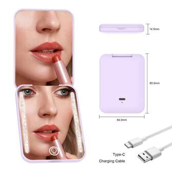 Rechargeable Pocket Mirror, Double Sided 2X Magnification Compact Vanity Mirror, 3 Color Lights, Dimmable, Small Portable Wallet Mirror, Lighted Travel Mirror For Women Gifts