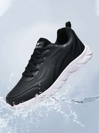 A Pair Of Men's Shoes, Black Waterproof Sports Shoes With Leather Surface, Anti-Slip And Dirt-Resistant, Men's Casual Work Shoes And Running Shoes