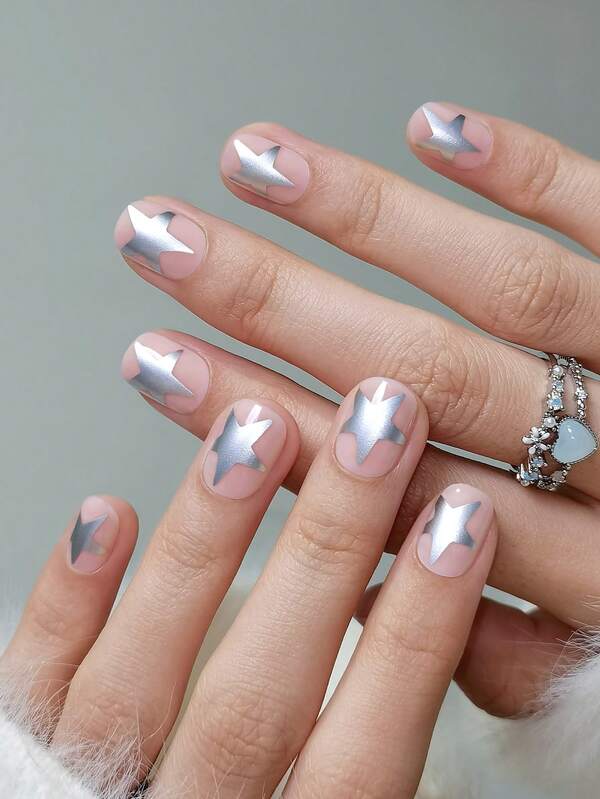 24 Short Square Pieces, Silver Star Pattern French Nail Stickers, Short Perfect Fit Acrylic False Nail Set, Includes: 1 Glue And 1 Nail File, French Nails Suitable For Women And Girls For Daily Life And Parties