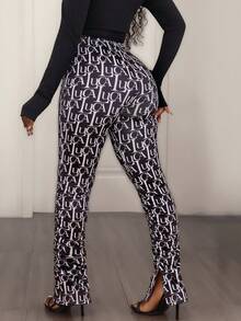 Plus Size Stretchy Elegant Knit Casual Daily Fashion Comfortable Versatile Pants, All-Over Digital Print, Slit Leg Design, Suitable For Minimalist, Sexy, Pure, Vacation, Singles Party, Travel, Stage And Concert Outfits - Multicolor - View 1