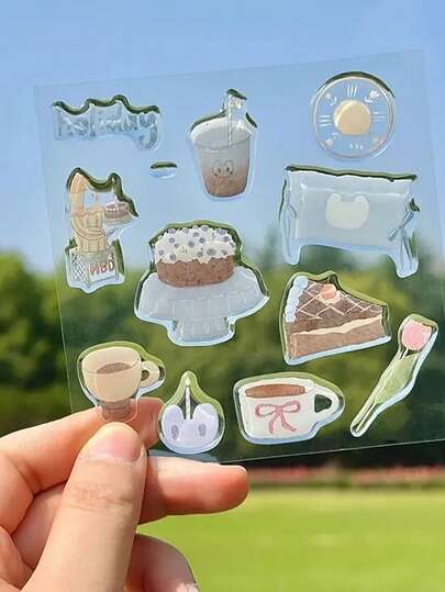 1张3D蛋糕、郁金香、咖啡图案贴纸，可用于DIY装饰手机、平板电脑、杯子、手账等。