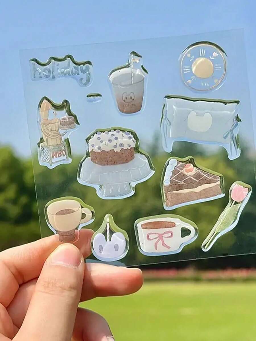 1张3D蛋糕、郁金香、咖啡图案贴纸，可用于DIY装饰手机、平板电脑、杯子、手账等。 - 彩色 - 查看 1