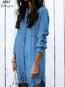 女士牛仔衬衫裙 - 中等水洗藍 - 查看 3