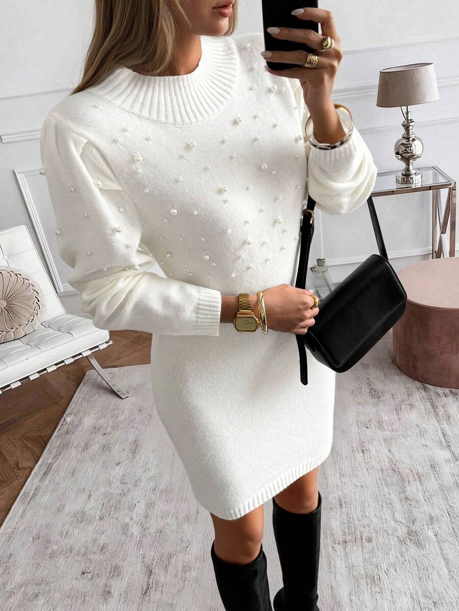 Vaiaye Women's Autumn/Winter Faux Pearl Decor Stand Collar Long Sleeve Elegant Christmas Sweater Dress - White - View 1