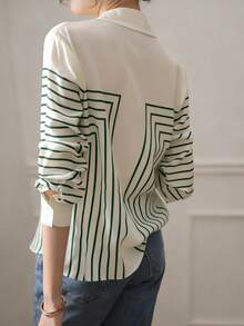 YUXIN 女士春秋季几何条纹真丝衬衫，长袖修身翻领，透气时尚，适合办公室/轻度社交场合 - 綠色 - 查看 11