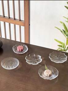 6pcs/1pc Chinese Style Lotus Leaf Dim Sum Plate, Dessert Shop Afternoon Tea Dessert Plate, Exquisite Mini Fruit Tray, Dessert Cake Small Dish, Home Use Small Round Plate, Glass Material, Lotus Leaf Shape, Symbolizing Peace And Health - Multicolor - View 3