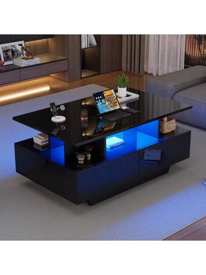 Moderne High Gloss Coffee Tafel LED Lighting Drawers Stylish 90x55x41 Cm Side Storage Space, Load Capacity Up To 30 Kg view 3