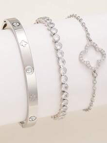 1 set Bracelet en acier inoxydable à motif trèfle à quatre feuilles, convient pour le port quotidien des femmes - Argent - Voir 5