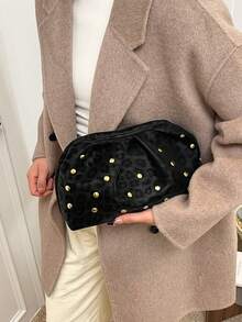 Nuevo bolso de mano plegable de mujer con decoración de remaches y estampado de leopardo de lujo y versátil