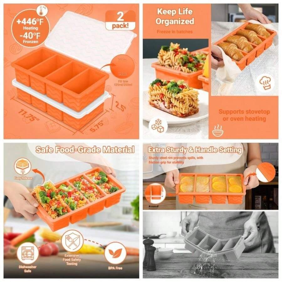 Silicone Freezer Molds Soup With Lid U2013 1 - Cup Soup Container Style Cube Trays Freezer, Meal Prep Food Storage, Freeze 250mL125mL Portions U2013 2 Pack - 橘色 - 查看 1