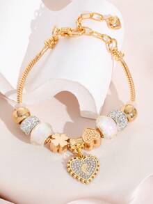 Women's DIY Beaded Bracelet, Girly Style Holiday Gift, Moon Beauty, Sun & Moon, Heart Pendant, Starry Hanging Decor, Rhinestone Heart Shape, Fits All Wrist Sizes, Adjustable