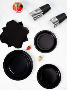 1 Set Black Petal Shaped Disposable Plates, Napkins And Cups, Serves 8 Guests, Suitable For Birthday, Wedding, Party, Family Picnic - Multicolor - View 5
