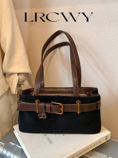 Women's Shoulder Bag, Fashionable Vintage Elegant, Autumn/Winter, Buckle Design, Black & Coffee Color Contrast, Minimalist, Large Capacity Baguette Bag