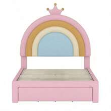 Twin Size Upholstered Rainbow Design Bed Velvet Princess Platform Bed With Storage Drawer No Box-Spring Needed ColorfulandPink
