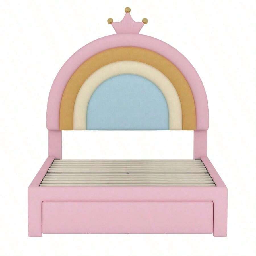 Twin Size Upholstered Rainbow Design Bed Velvet Princess Platform Bed With Storage Drawer No Box-Spring Needed ColorfulandPink