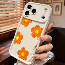 A Retro Crochet-Style Phone Case Featuring An Orange Flower, Designed For Iphone 17, 16, 15, 14, 13, 12, 11 Plus, Pro, And Max. This Textured And Cozy Gift Evokes The Charm Of Vintage Crafts With Its Floral Design. Perfect As A Gift Idea.,Suitable For IPhone17 Air - 白色 - 查看 1