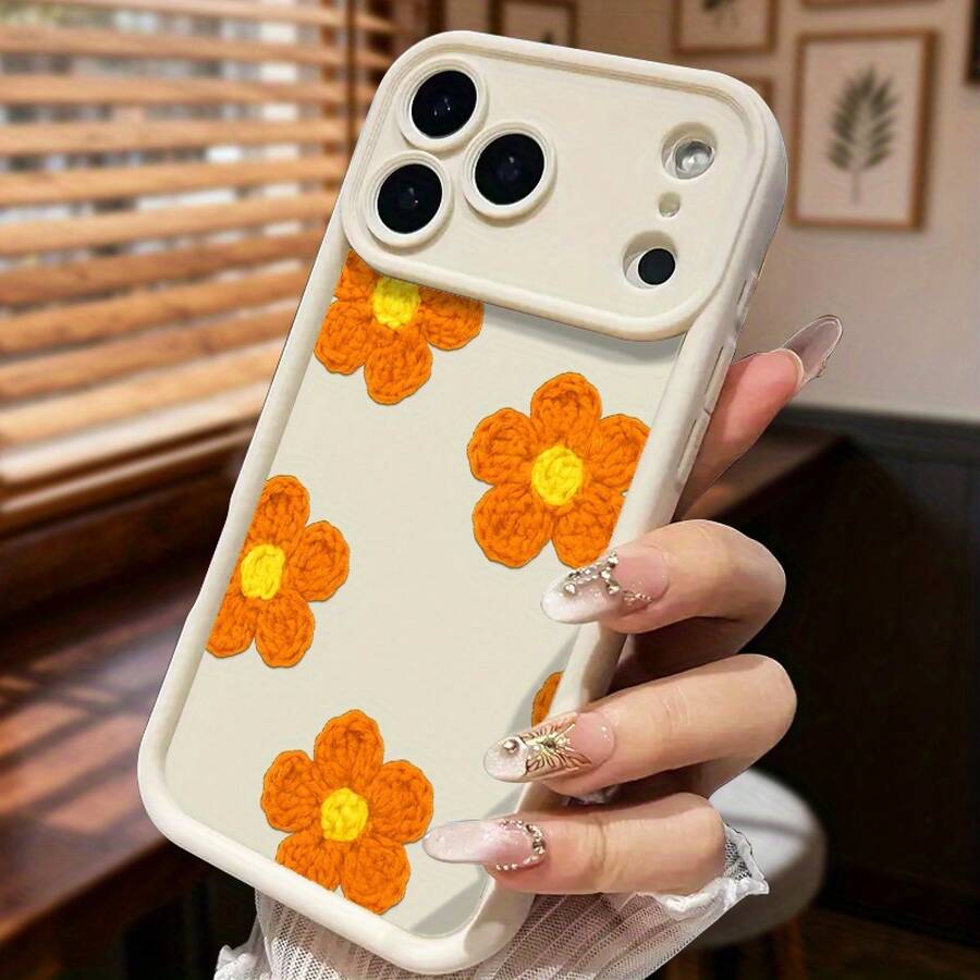 A Retro Crochet-Style Phone Case Featuring An Orange Flower, Designed For Iphone 17, 16, 15, 14, 13, 12, 11 Plus, Pro, And Max. This Textured And Cozy Gift Evokes The Charm Of Vintage Crafts With Its Floral Design. Perfect As A Gift Idea.,Suitable For IPhone17 Air - 白色 - 查看 1