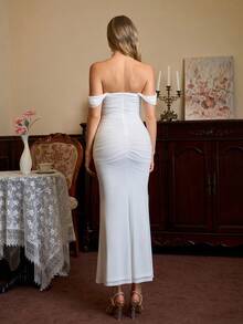 PARTHEA 露肩美人鱼下摆荷叶边修身白色优雅派对长裙 - 白色 - 查看 3